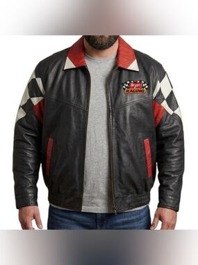 BRYAN RACING Leather Jacket sz XL Burk's Bay Black Checker Red Trim Motorsports